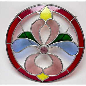 Vtg Large 10" Stained Glass Fleur de Lis Flower Suncatcher Faceted Center Hanger
